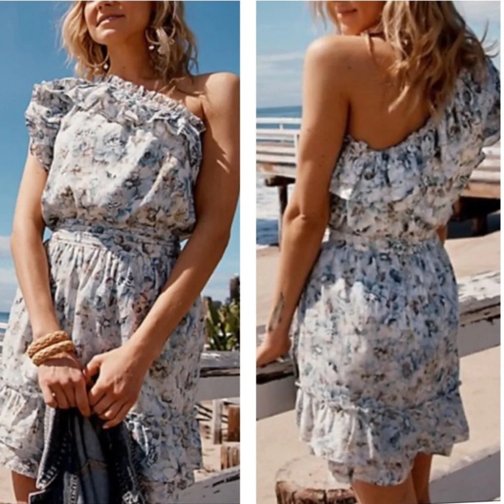 ✌🏼NWT HAPPY X NATURE Willow 1 shoulder mini Dress Kate Hudson XL elastic waist - Picture 2 of 10